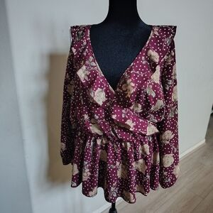 Jessy B Women’s Floral Wrap Peplum Blouse - Burgundy